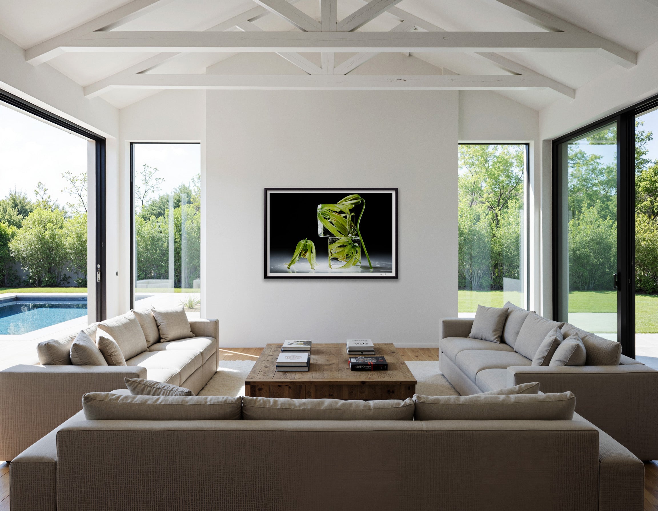 In situ record of Sebastian Mader’s Praying Lily from the Stasis series. The Studio Edition is showcased in an expansive, minimalist living environment with vaulted ceilings and significant natural light. This documentation captures the work’s scale and the dialogue between the archival print and high-end open-plan architecture. Materiality: Archival pigment on Hahnemühle Fine Art Baryta.