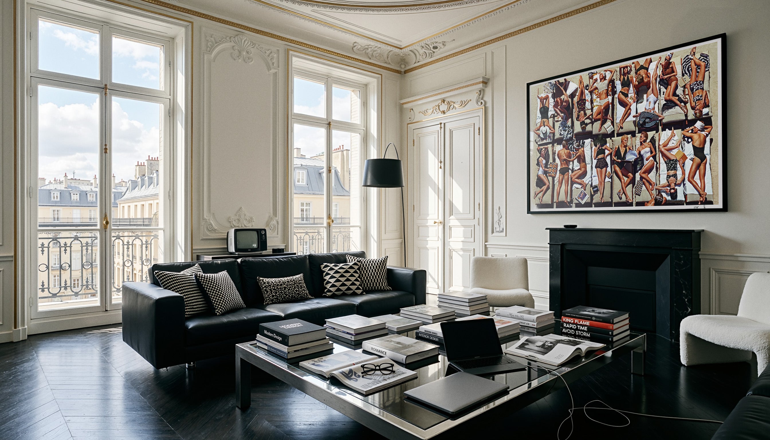 Sebastian Mader | Flamingo Kids #1 | Studio Edition in a classical Haussmann-style Parisian interior. Documenting the dialogue between the 1960s-inspired fashion composition and historic architectural elements. Materiality: Archival pigment on Hahnemühle Fine Art Baryta (325 gsm), presented in a custom satin black wooden frame.