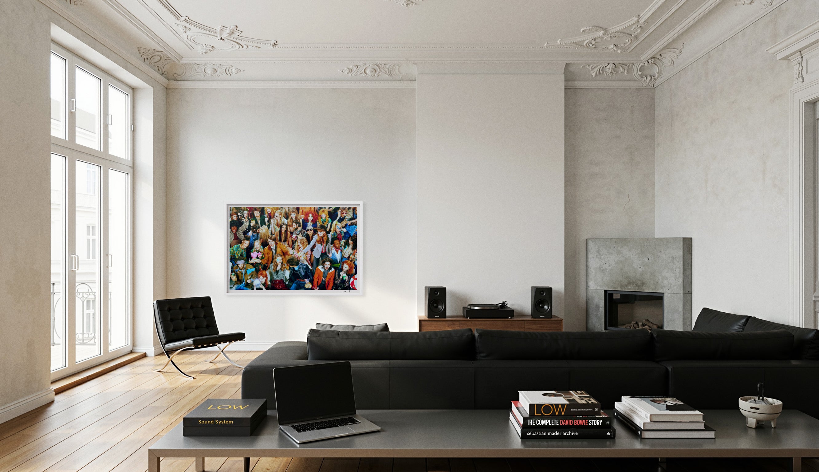 In situ record of Score! by Sebastian Mader. Large-scale Studio Edition from the Interview Archive, winner of Gold in Fashion and 2nd Place Overall at the 2023 reFocus Awards. Displayed in a minimalist Berlin interior with classical architectural details. This formal record documents the work’s cinematic presence and material scale, presented in a custom Satin White Hardwood frame. Materiality: Archival pigment on Hahnemühle Fine Art Baryta.