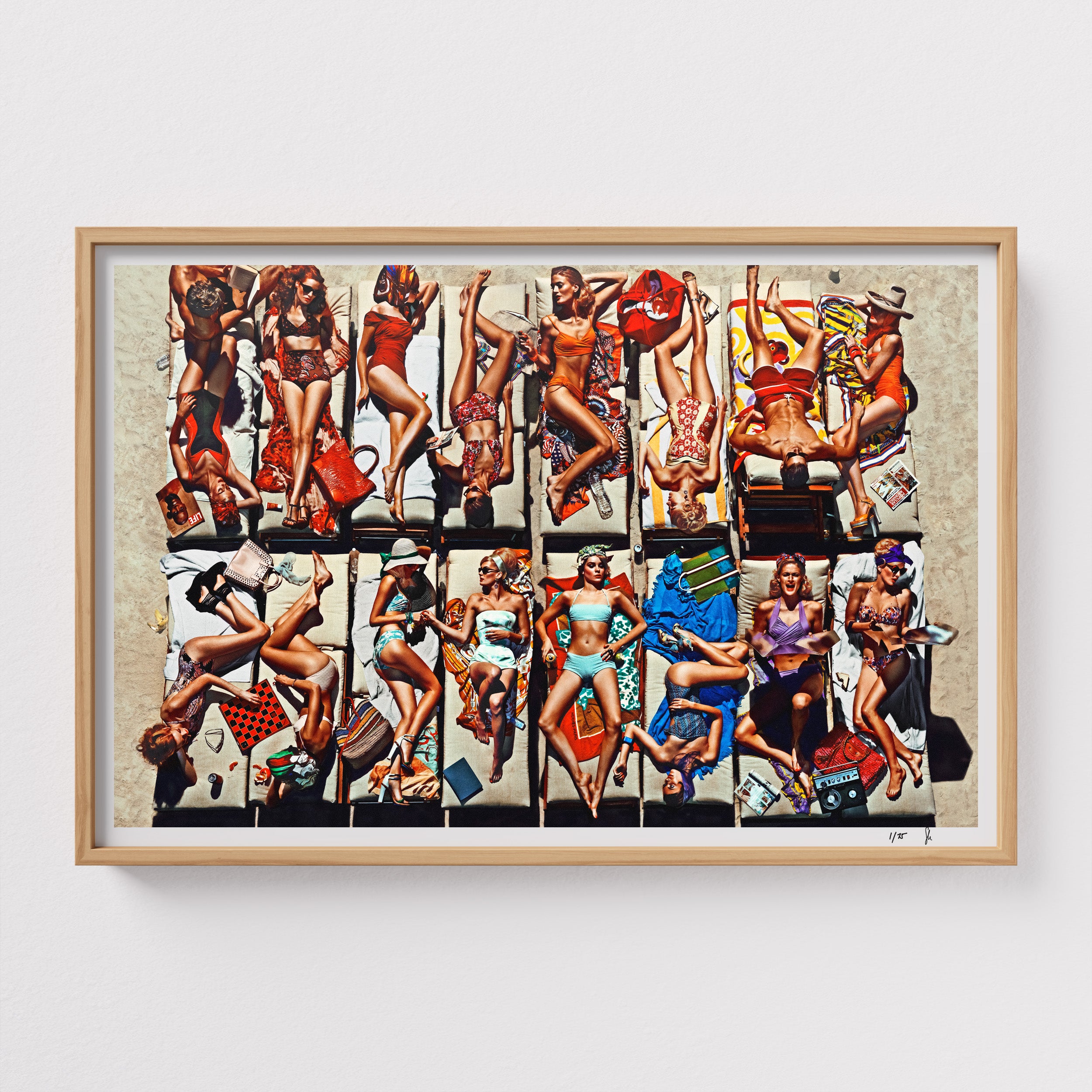 Sebastian Mader | Flamingo Kids #2 | Studio Edition. A cinematic tableau continuing the series on the French Riviera, capturing overlapping timelines and shifting perspectives of vacationers in a fashion-inspired environment. Materiality: Archival pigment on Hahnemühle Fine Art Baryta, presented in a natural wooden frame. Hand-signed and numbered on the front lower margin.