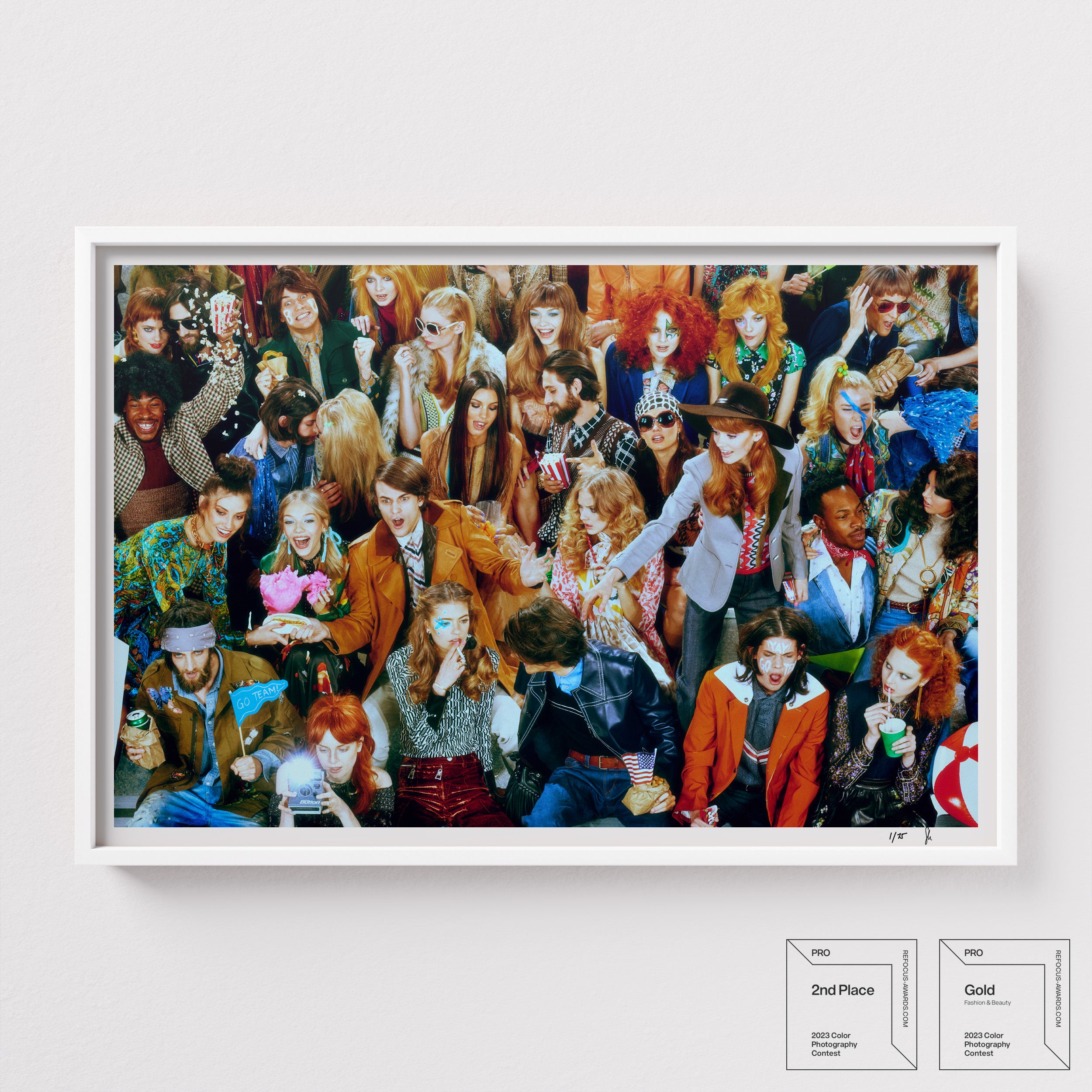 Sebastian Mader | Score! | Studio Edition. A cinematic tableau exploring American college subcultures from The Interview Archive. Archival pigment on Hahnemühle Fine Art Baryta, presented in a custom satin white wooden frame. Hand-signed and numbered on the front lower margin.